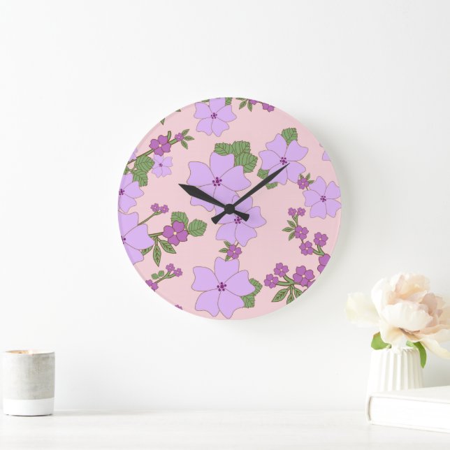 Grande Horloge Ronde Fleurs Violettes, Modèle Floral, Motif De Fleurs (Maison)