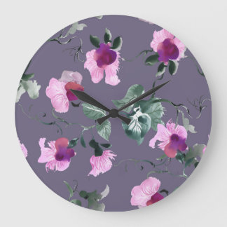Grande Horloge Ronde Fleurs violettes : motif aquarellé.