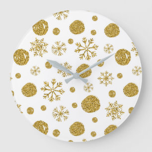Grande Horloge Ronde Flocons de Neige Dorés 1