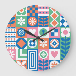 Grande Horloge Ronde Floral Abstrait : Scandinave Folk Design.