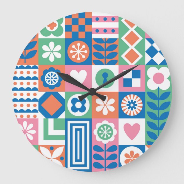 Grande Horloge Ronde Floral Abstrait : Scandinave Folk Design. (Recto)