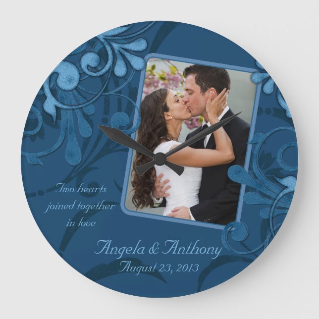 Grande Horloge Ronde Floral bleu Modèle photo personnalisé (Recto)