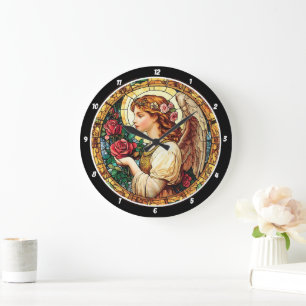 Grande Horloge Ronde Floral de verre à éclat angélique
