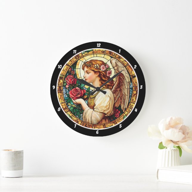 Grande Horloge Ronde Floral de verre à éclat angélique (Maison)