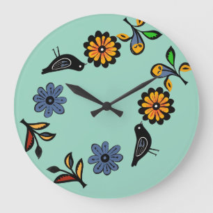 Grande Horloge Ronde Floral folk coloré et oiseaux