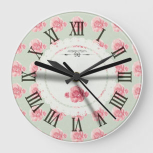 Grande Horloge Ronde Floral   Roses roses antiques   Numéros romains ré