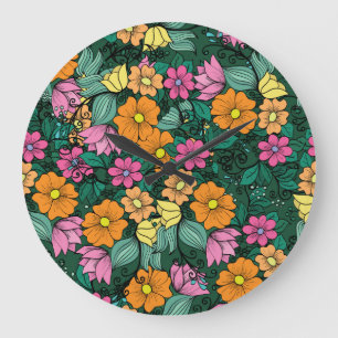 Grande Horloge Ronde Floral vibrant : Vert Arrière - plan Vintage.