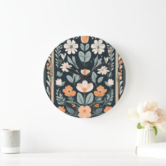 Grande Horloge Ronde Flore bleu foncé Folk