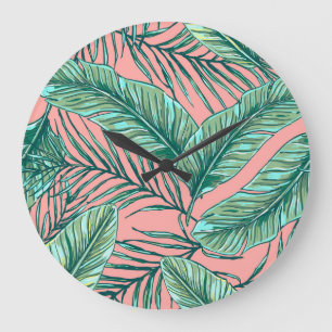 Grande Horloge Ronde Flore de la jungle tropicale : Palm Feuille Motif