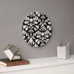 Grande Horloge Ronde Flourissant Damask Art I Cream sur Black