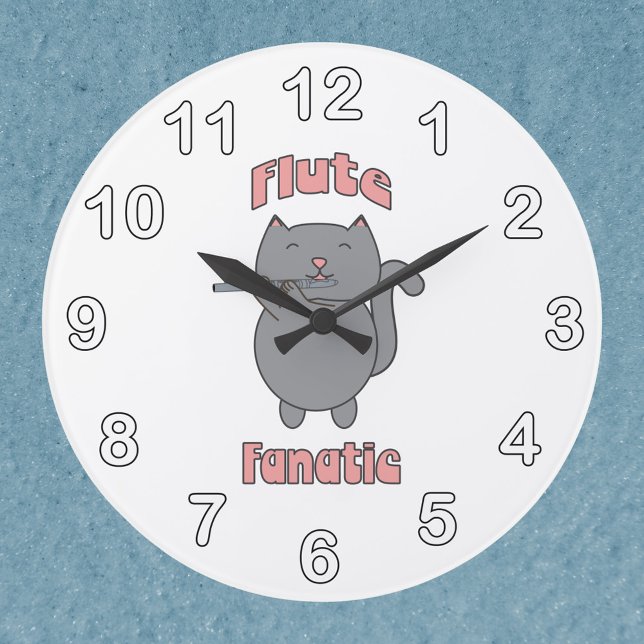 Grande Horloge Ronde Flute Fanatic Music Gray Cat (A clock featuring a flute playing gray cat and the words Flute Fanatic in pink.)