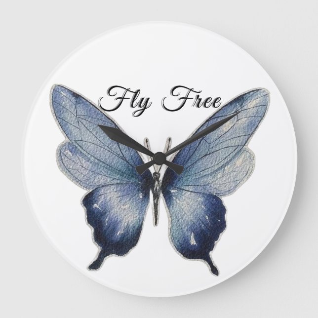 Grande Horloge Ronde Fly Free – Blue Butterfly Art Design (Recto)