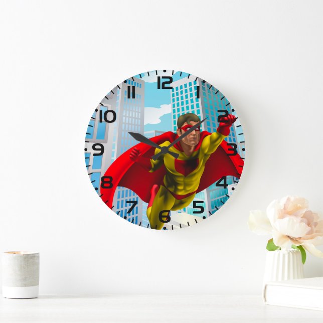Grande Horloge Ronde Flying Superhero Comic Style rouge et jaune héros (Créateur téléchargé)