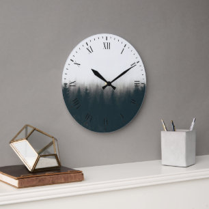 Grande Horloge Ronde Foggy Forest Pine Mountain Art esthétique