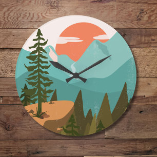 Grande Horloge Ronde Forêt Abstraite Moderne, Montagnes et Lever de Sol