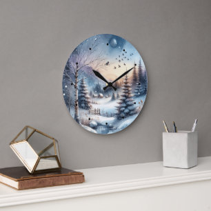 Grande Horloge Ronde Forêt d'hiver Maison des neiges Arbres Blue Pond