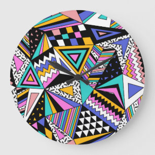 Grande Horloge Ronde Formes géométriques rétro : Vintage coloré.