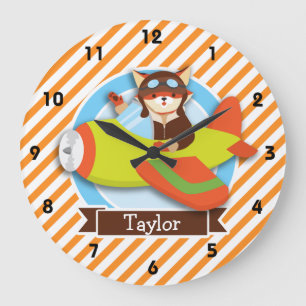 Grande Horloge Ronde Fox Pilot à Green & Orange Airplane