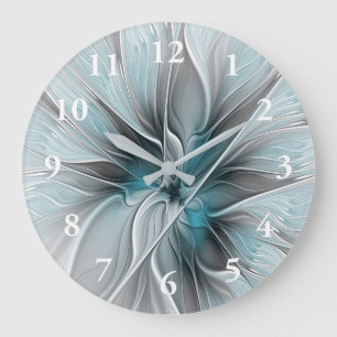 Grande Horloge Ronde Fractal Floral Moderne Abstrait Fleur Bleu Gris