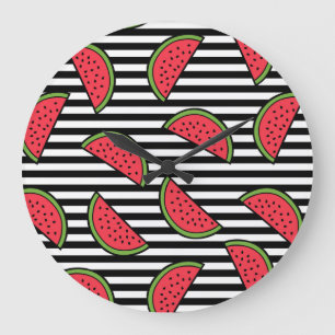 Grande Horloge Ronde Fraise sur le Motif Black & White Stripes