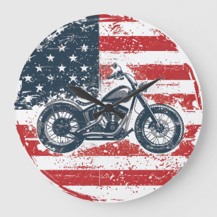 Grande Horloge Ronde Freedom Ride : Moto rétro et drapeau américain