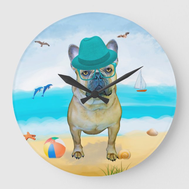 Grande Horloge Ronde French Bulldog sur la plage (Recto)