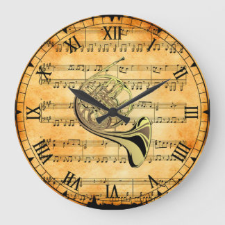 Grande Horloge Ronde French Horn ~ Vintage Sheet Music Arrière - plan ~
