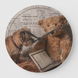 Grande Horloge Ronde Frontière Terrier et lecture d'ours de nounours,