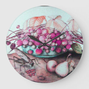GRANDE HORLOGE RONDE FRUITS DE SAISON, PAIRES DE STRAWBERRIES ET CICADA