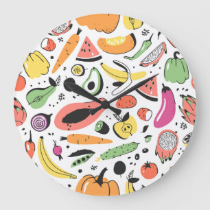 Grande Horloge Ronde Fruits, légumes motif dessinés main.