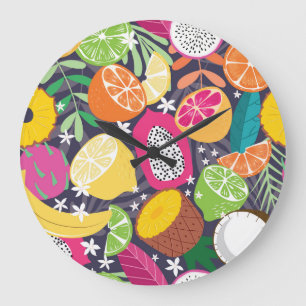 Grande Horloge Ronde Fruits tropicaux exotiques Arrière - plan foncé