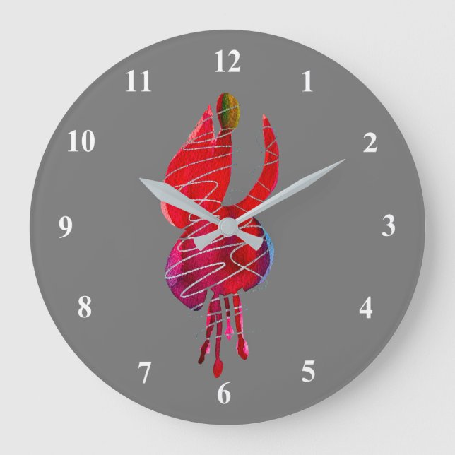 Grande Horloge Ronde Fuchsia abstraite aquarelle florale (Recto)
