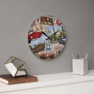 Grande Horloge Ronde Fun Colorful Route 66 Collage Motif