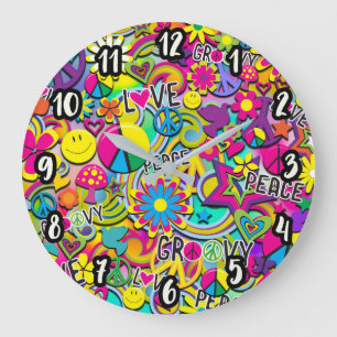 Grande Horloge Ronde FUN Rétro Groovy Années 60 Amour Coloré Funky