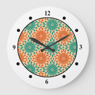 Grande Horloge Ronde Funky Starburt Turquoise & Orange Design