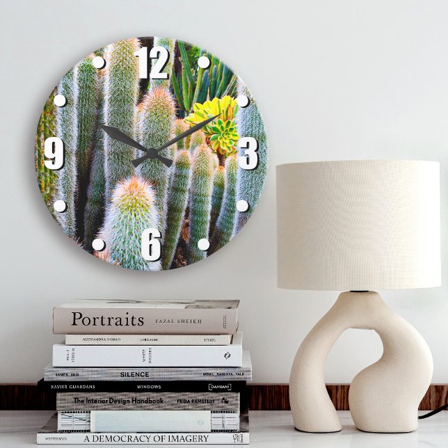 Grande Horloge Ronde Fuzzy vert cactus succulent photo moderne audacieu (Créateur téléchargé)
