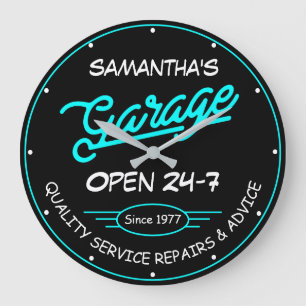 Grande Horloge Ronde Garage Any Name and Date White Aqua Retro Black