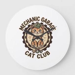 Grande Horloge Ronde Garage Mécanique Chat POD Vector Art - Garage Méca