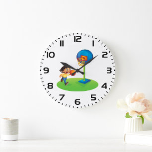 Grande Horloge Ronde Garçon Jouant Au Basket