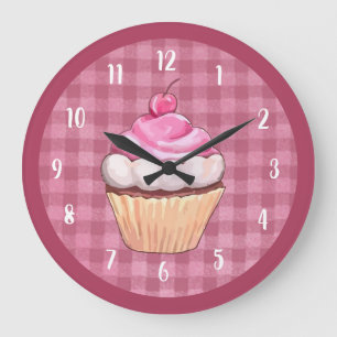 Grande Horloge Ronde Gâteau Cupcake Rose Vichy Boulangerie Dessert