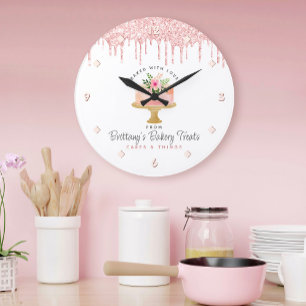 Grande Horloge Ronde Gâteau Rose Pâle Paillettes Moderne Chic Boulanger