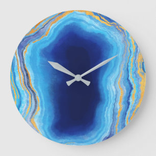 Grande Horloge Ronde Géode marbrée Abstrait bleu profond et or