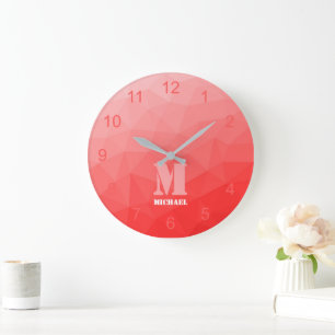 Grande Horloge Ronde Géométrie ombrée rouge Motif de maille Monogramme