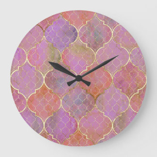Grande Horloge Ronde Géométrique Abstraite : Aquarelle d'or marocaine