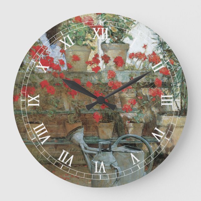 Grande Horloge Ronde Geraniums par Childe Hassam, Impressionnisme Vinta (Recto)