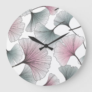 Grande Horloge Ronde Gingko biloba dessiné à la main.