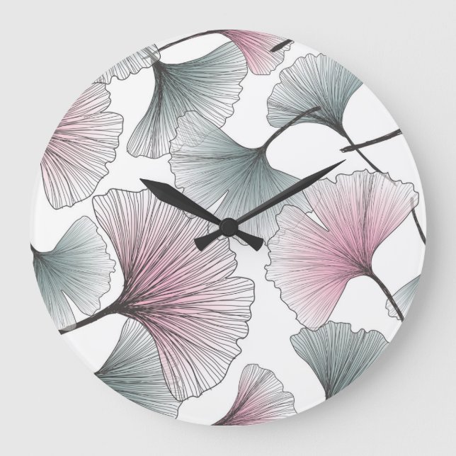 Grande Horloge Ronde Gingko biloba dessiné à la main. (Recto)