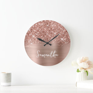 Grande Horloge Ronde Glitter Rose Gold Glam White Script Nom