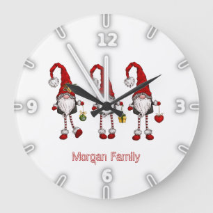 Grande Horloge Ronde Gnomes Rouges Adorables de Noël