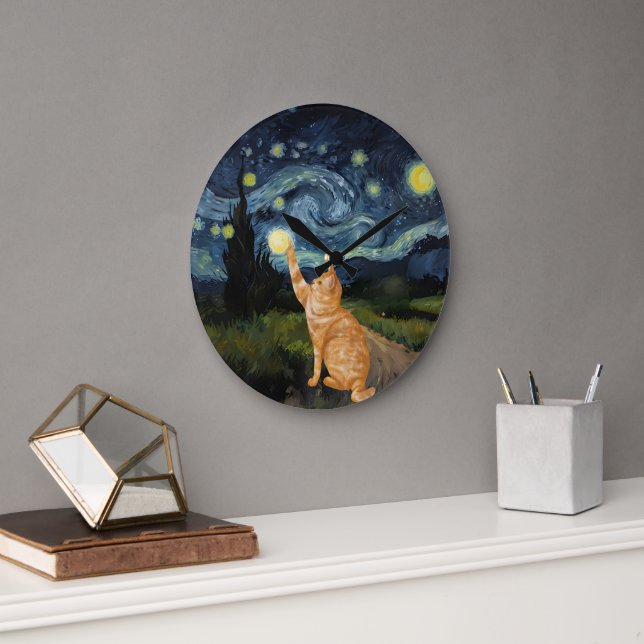 Grande Horloge Ronde Gogh Kitty Starry Night Chat (Bureau)